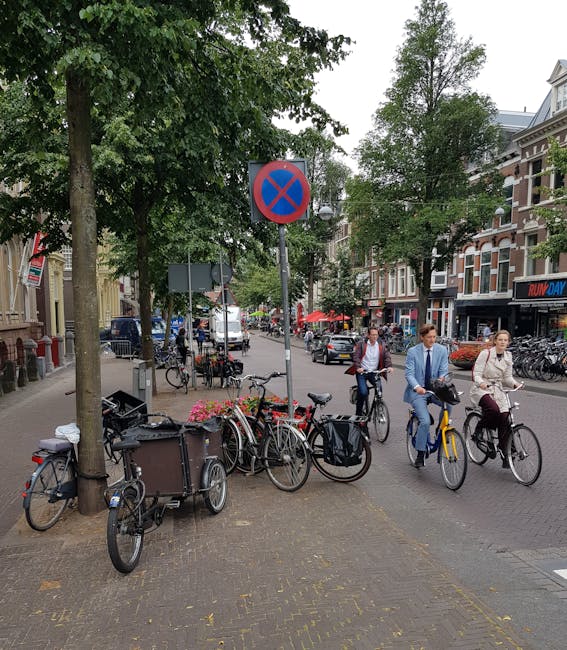 A busy urban street scene featuring a cluster of bicycles parked near a tree on a paved sidewalk, with some bikes equipped with baskets and panniers. In the background, several pedestrians are cycling and walking along the roadway, which is lined with parked cars, retail stores, and outdoor café seating with umbrellas. The street is bustling with activity, including a prominent blue and red no parking sign mounted on a pole amidst leafy green trees providing partial shade. The buildings along the street have classic brick facades and large windows, typical of a city-centre environment. The atmosphere appears overcast with soft diffuse lighting, and the scene reflects a typical setting where private cycle parking might be affected by occasional access or collection issues, an aspect relevant to alternative waste and rubbish removal services provided by Waste Removal Holland Park in the context of maintaining accessible urban public spaces.