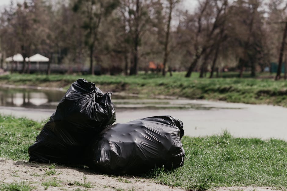Two large black plastic rubbish bags placed on grassy ground near a pond in a park, with a few trees in the background. The bags appear full and tightly tied at the top, resting on a dirt and grass surface. The pond behind reflects the muted sky, and there are blurred trees and structures further in the distance. The scene is outdoors with natural lighting, illustrating typical private waste disposal outside a residential or public area. This image relates to rubbish collection and waste management services, such as those provided by Waste Removal Holland Park, which may offer on-site clearance and alternative disposal options for waste elimination in outdoor environments.
